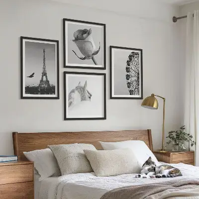 Set de tablouri gata de agățat cu roată Ferris, Turnul Eiffel, trandafir și cal, alb-negru