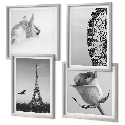 Set de tablouri gata de agățat cu roată Ferris, Turnul Eiffel, trandafir și cal, alb-negru