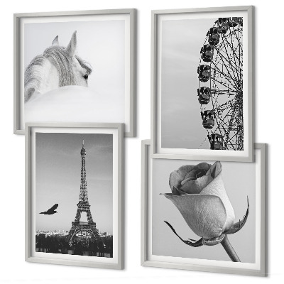 Set tablouri gata de agățat Roată Ferris Turnul Eiffel Trandafir Cal Alb-negru