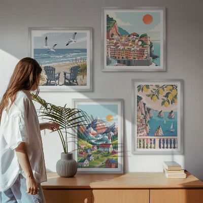 Compoziție de tablouri pentru perete Munți colorați și orașe de coastă
