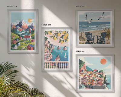 Compoziție de tablouri pentru perete Munți colorați și orașe de coastă