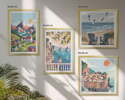 Compoziție de tablouri pentru perete Munți colorați și orașe de coastă