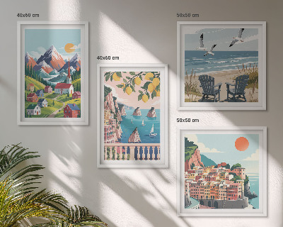 Compoziție de tablouri pentru perete Munți colorați și orașe de coastă
