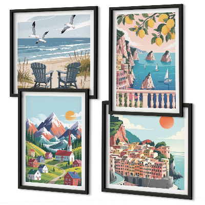 Compoziție de tablouri pentru perete Munți colorați și orașe de coastă