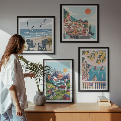 Compoziție de tablouri pentru perete Munți colorați și orașe de coastă