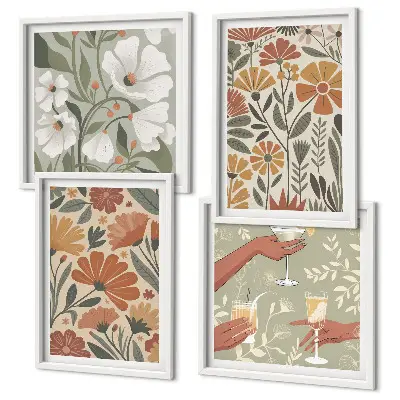 Set de tablouri gata de agățat cu modele florale în nuanțe de portocaliu și verde