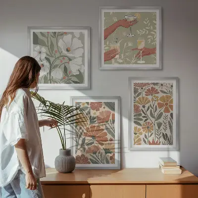 Set de tablouri gata de agățat cu modele florale în nuanțe de portocaliu și verde