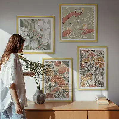Set de tablouri gata de agățat cu modele florale în nuanțe de portocaliu și verde