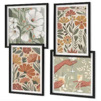 Set de tablouri gata de agățat cu modele florale în nuanțe de portocaliu și verde