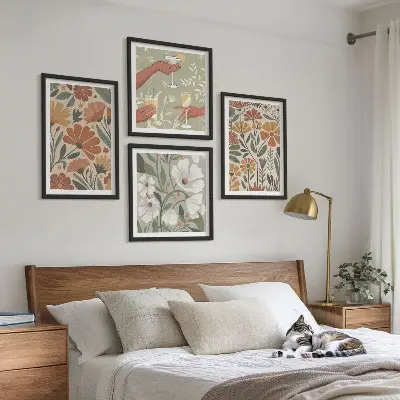Set de tablouri gata de agățat cu modele florale în nuanțe de portocaliu și verde