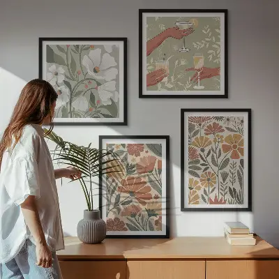 Set de tablouri gata de agățat cu modele florale în nuanțe de portocaliu și verde