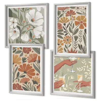 Set de tablouri gata de agățat cu modele florale în nuanțe de portocaliu și verde