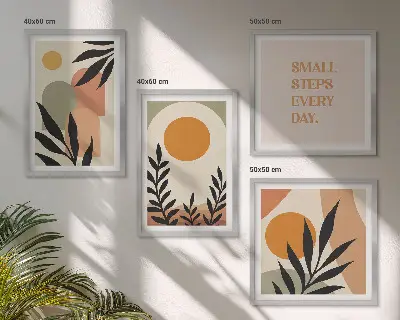 Compoziție de tablouri pentru perete cu motive vegetale abstracte