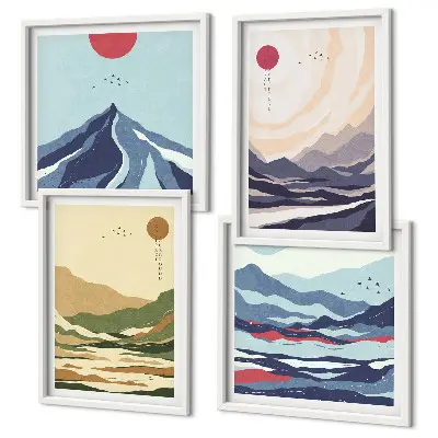 Set de tablouri gata de agățat cu peisaj montan în stil japonez pastelat