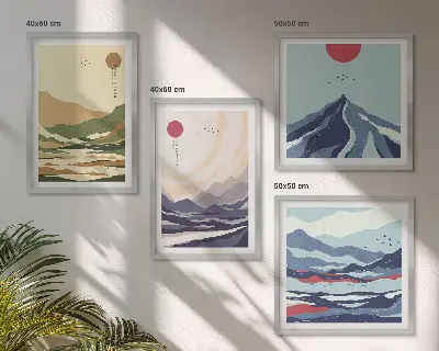 Set de tablouri gata de agățat cu peisaj montan în stil japonez pastelat