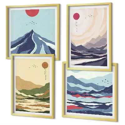 Set de tablouri gata de agățat cu peisaj montan în stil japonez pastelat