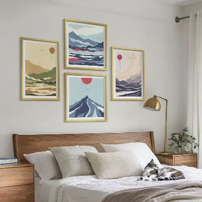Set de tablouri gata de agățat cu peisaj montan în stil japonez pastelat