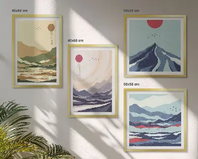 Set de tablouri gata de agățat cu peisaj montan în stil japonez pastelat