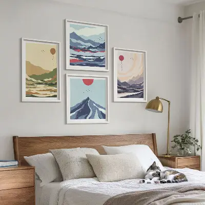 Set de tablouri gata de agățat cu peisaj montan în stil japonez pastelat