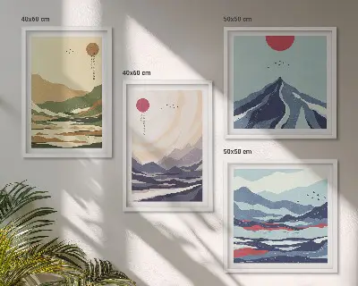 Set de tablouri gata de agățat cu peisaj montan în stil japonez pastelat