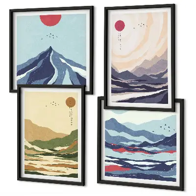 Set de tablouri gata de agățat cu peisaj montan în stil japonez pastelat