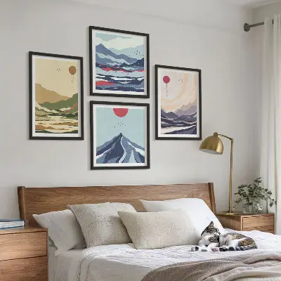 Set de tablouri gata de agățat cu peisaj montan în stil japonez pastelat