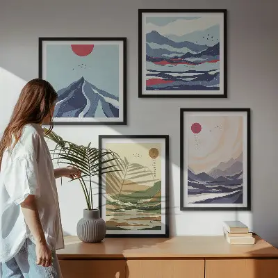 Set de tablouri gata de agățat cu peisaj montan în stil japonez pastelat