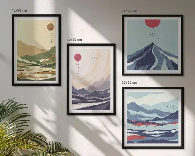 Set de tablouri gata de agățat cu peisaj montan în stil japonez pastelat