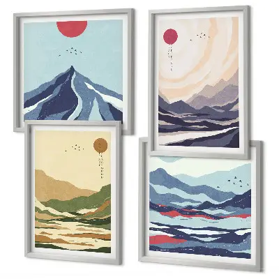 Set de tablouri gata de agățat cu peisaj montan în stil japonez pastelat