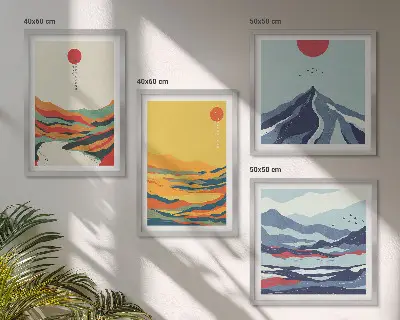 Compoziție de tablouri pentru perete cu peisaj abstract cu munți și râu în culori vii