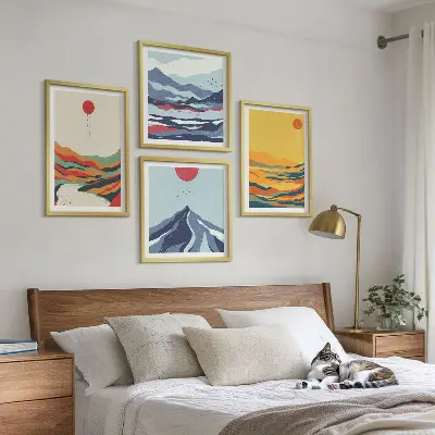 Compoziție de tablouri pentru perete cu peisaj abstract cu munți și râu în culori vii