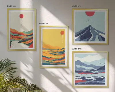 Compoziție de tablouri pentru perete cu peisaj abstract cu munți și râu în culori vii