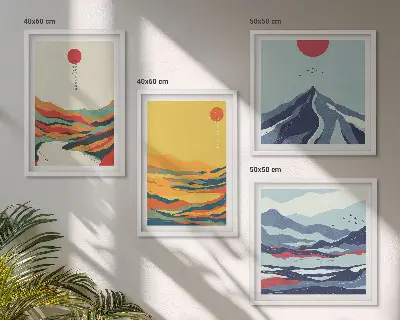 Compoziție de tablouri pentru perete cu peisaj abstract cu munți și râu în culori vii