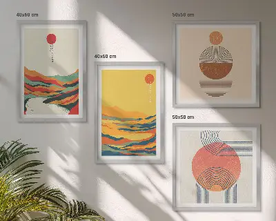 Compoziție de tablouri pentru perete cu modele colorate ale munților și râului în stil Japandi