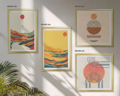 Compoziție de tablouri pentru perete cu modele colorate ale munților și râului în stil Japandi
