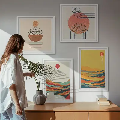 Compoziție de tablouri pentru perete cu modele colorate ale munților și râului în stil Japandi