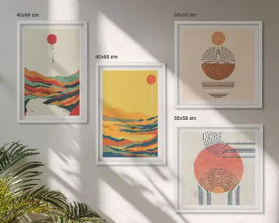 Compoziție de tablouri pentru perete cu modele colorate ale munților și râului în stil Japandi