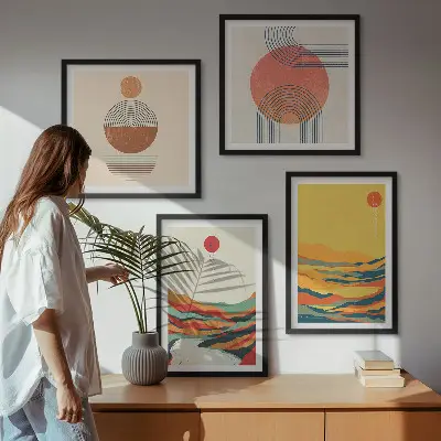 Compoziție de tablouri pentru perete cu modele colorate ale munților și râului în stil Japandi
