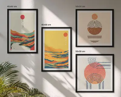 Compoziție de tablouri pentru perete cu modele colorate ale munților și râului în stil Japandi