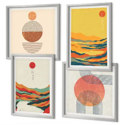 Compoziție de tablouri pentru perete cu modele colorate ale munților și râului în stil Japandi