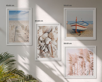 Compoziție de tablouri pentru perete Scoici de plajă cu barcă, iarbă, boho