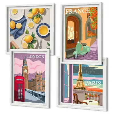 Set de tablouri gata de agățat cu peisaje urbane din Paris și Londra Franța