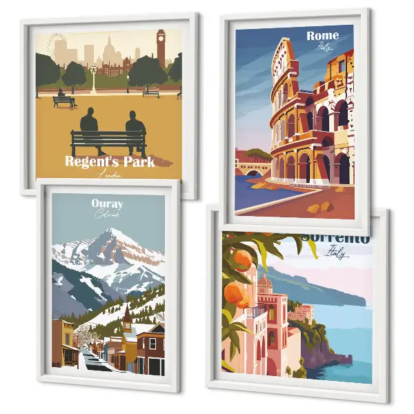 Set de tablouri cu ilustrații retro ale unor locuri celebre gata de agățat