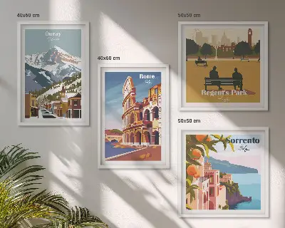 Set de tablouri cu ilustrații retro ale unor locuri celebre gata de agățat