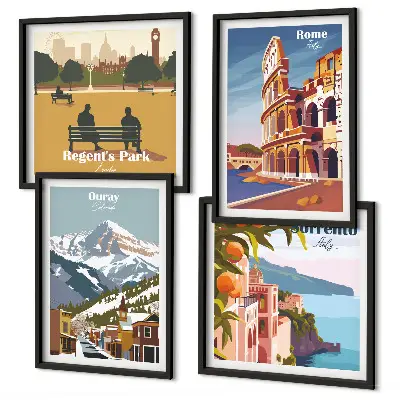 Set de tablouri cu ilustrații retro ale unor locuri celebre gata de agățat