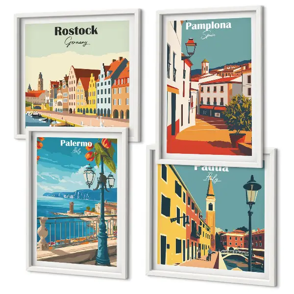 Set de tablouri cu ilustrații retro ale orașului gata de agățat