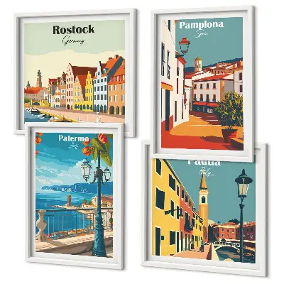 Set de tablouri cu ilustrații retro ale orașului gata de agățat