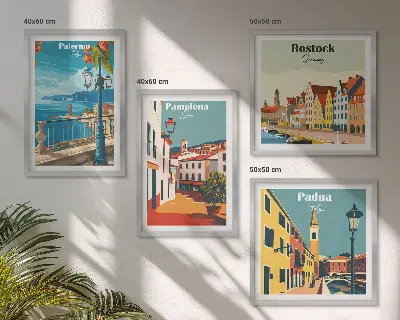 Set de tablouri cu ilustrații retro ale orașului gata de agățat
