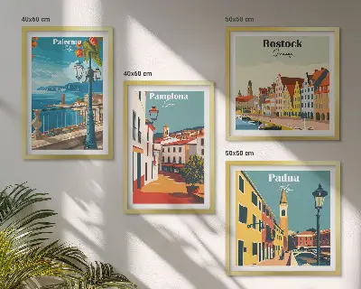 Set de tablouri cu ilustrații retro ale orașului gata de agățat