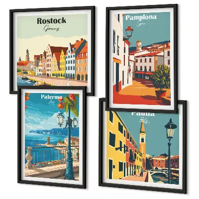 Set de tablouri cu ilustrații retro ale orașului gata de agățat